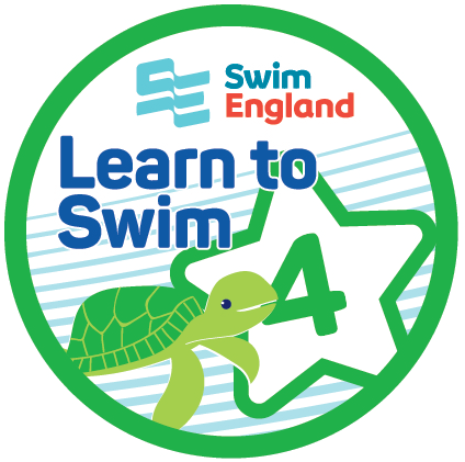 Swim England "Learn to Swim" badge with turtle and number 4.
