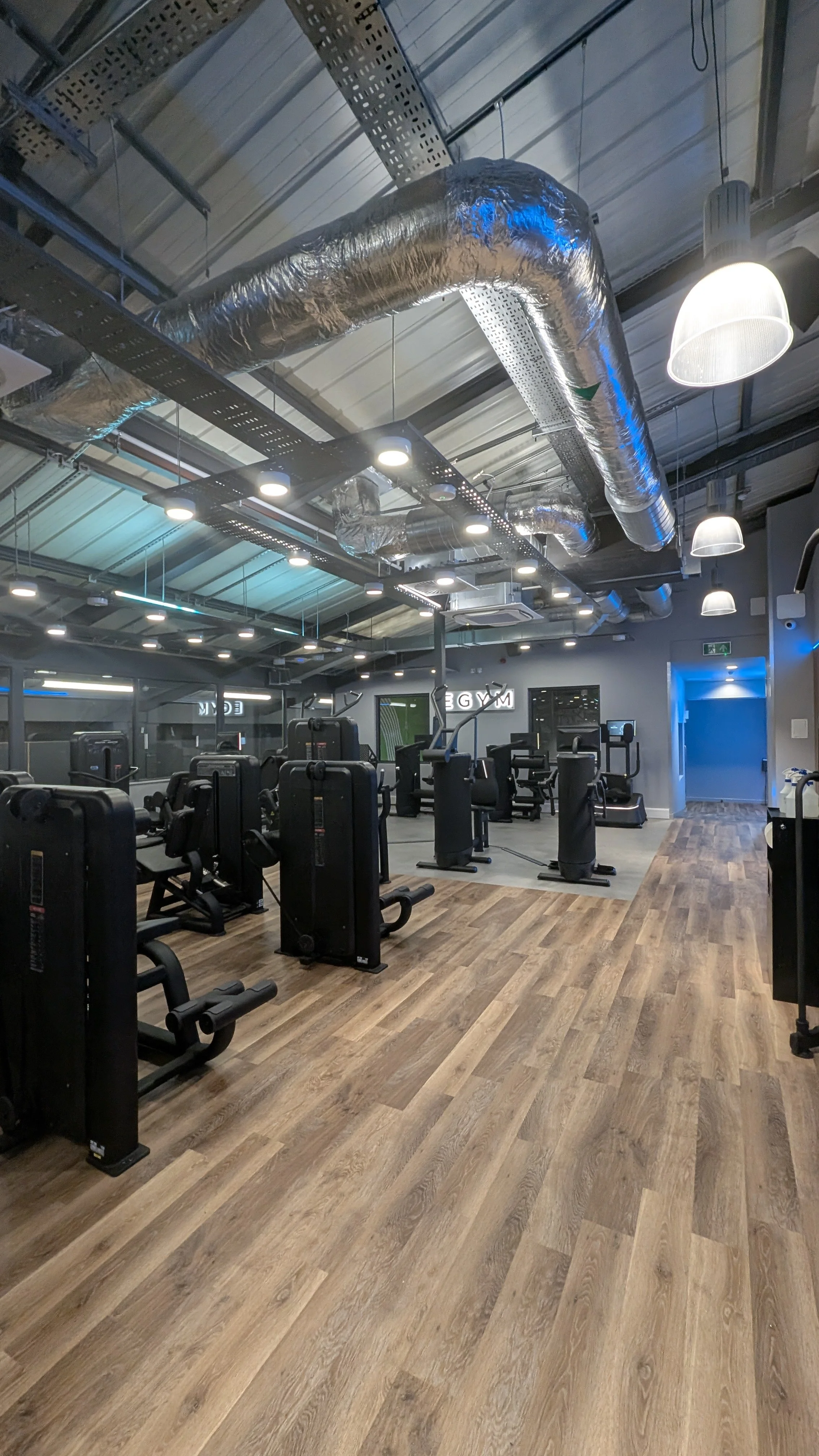Modern gym interior with resistance and egym equipment, a natural wood effect flooring, andopen industrial style ceiling with spotlights, blue LEDs and grey walls.