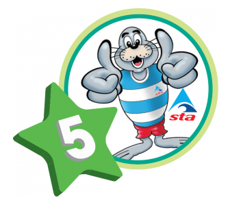 Swim England Learn to Swim badge with a shark and star, Level 5.