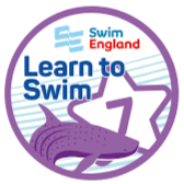 Swim England Learn to Swim badge with purple shark and star.