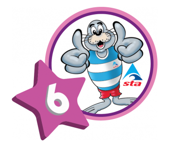 Swim England Level 6 badge with "Learn to Swim" text and swordfish graphic.