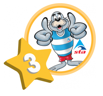 Swim England Learn to Swim level 3 badge with a yellow seahorse and a star.