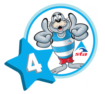 Swim England "Learn to Swim" badge with turtle and number 4.