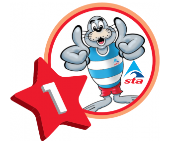 Badge with Swim England logo, "Learn to Swim" text, star with number 1, and cartoon crab.