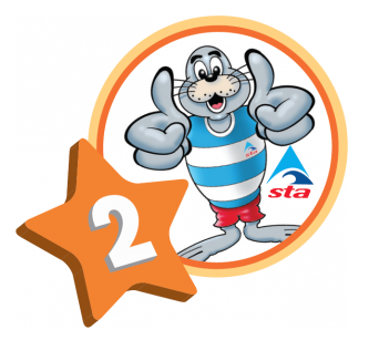 Swim England "Learn to Swim" Level 2 badge with orange clownfish and star design.