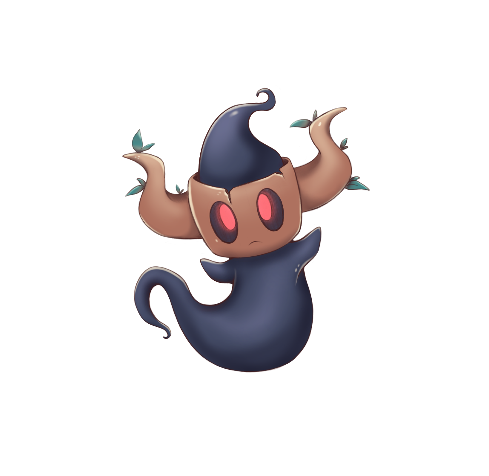 A cartoon ghostly figure with a dark blue body and dark blue hat with curled tip, wide pink eyes, and small leafy growths on its arms and head, floating with a sad expression.