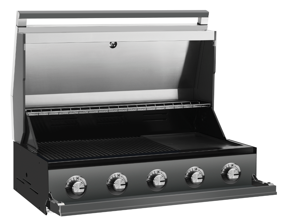 Stainless steel gas grill with five control knobs and a partially open lid.