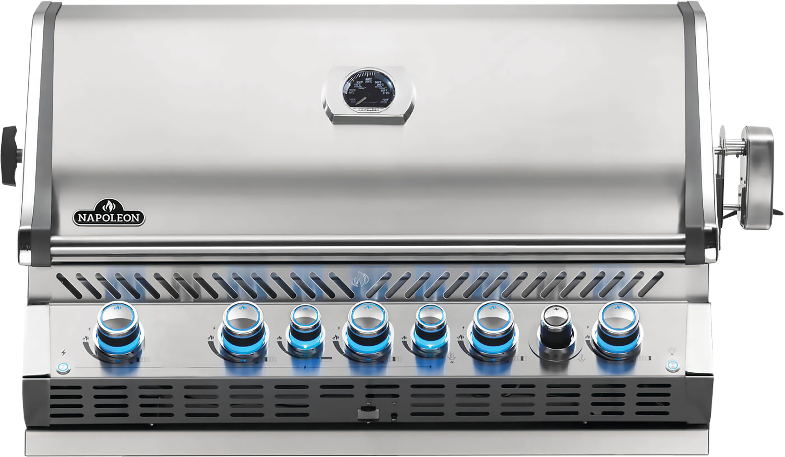 A stainless steel outdoor gas grill with blue and black control knobs, a temperature gauge on the lid, and the brand name Napolean on the front.