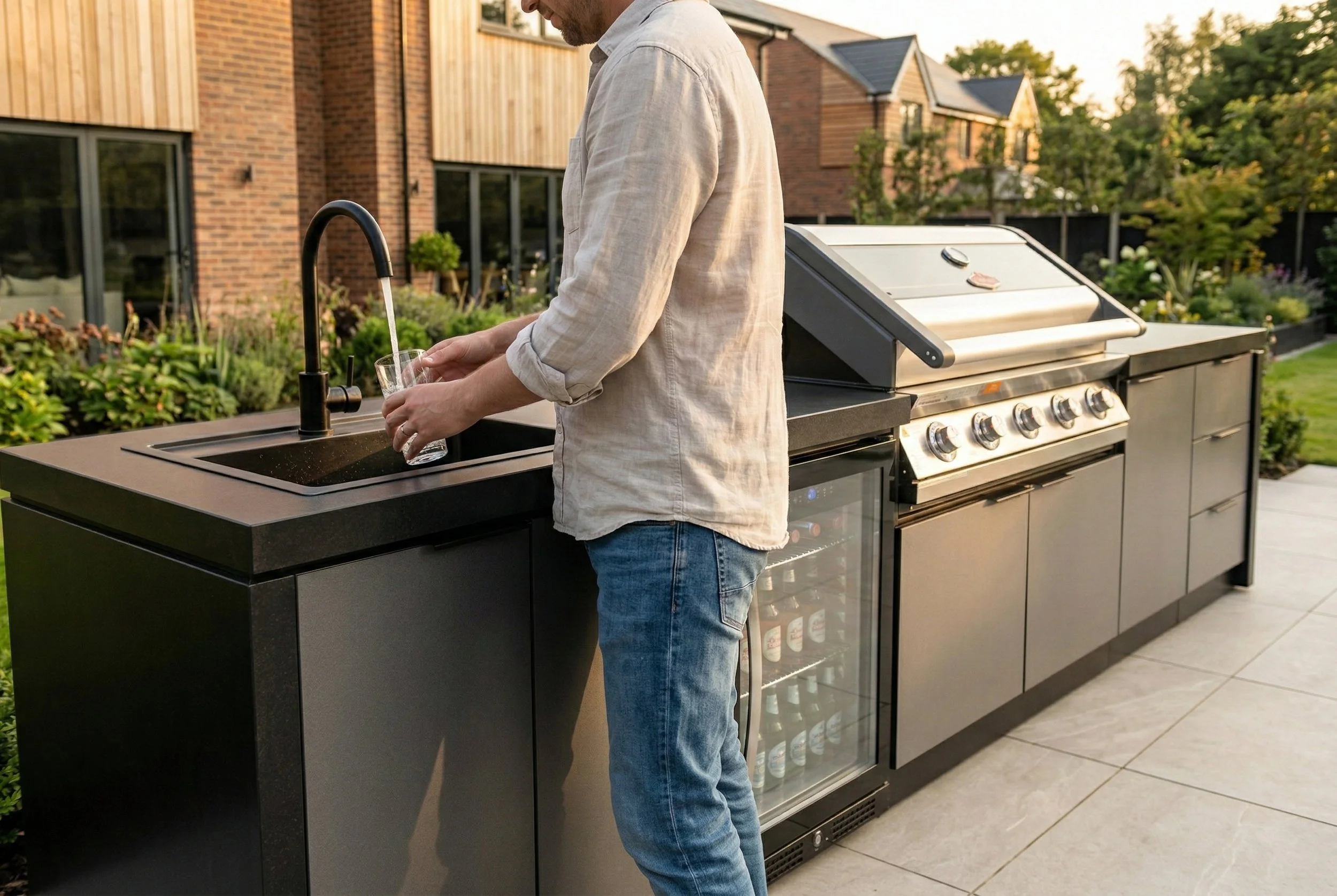 A man in a light-colored shirt and blue jeans is washing a glass at an outdoor kitchen sink. There is a modern grill and a glass-door refrigerator nearby, with houses and greenery in the background during sunset.