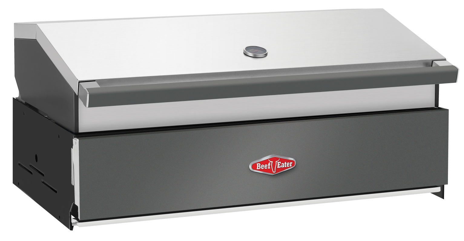 Industrial meat grinder labeled 'Beef Eater' with a stainless steel top and grey body.