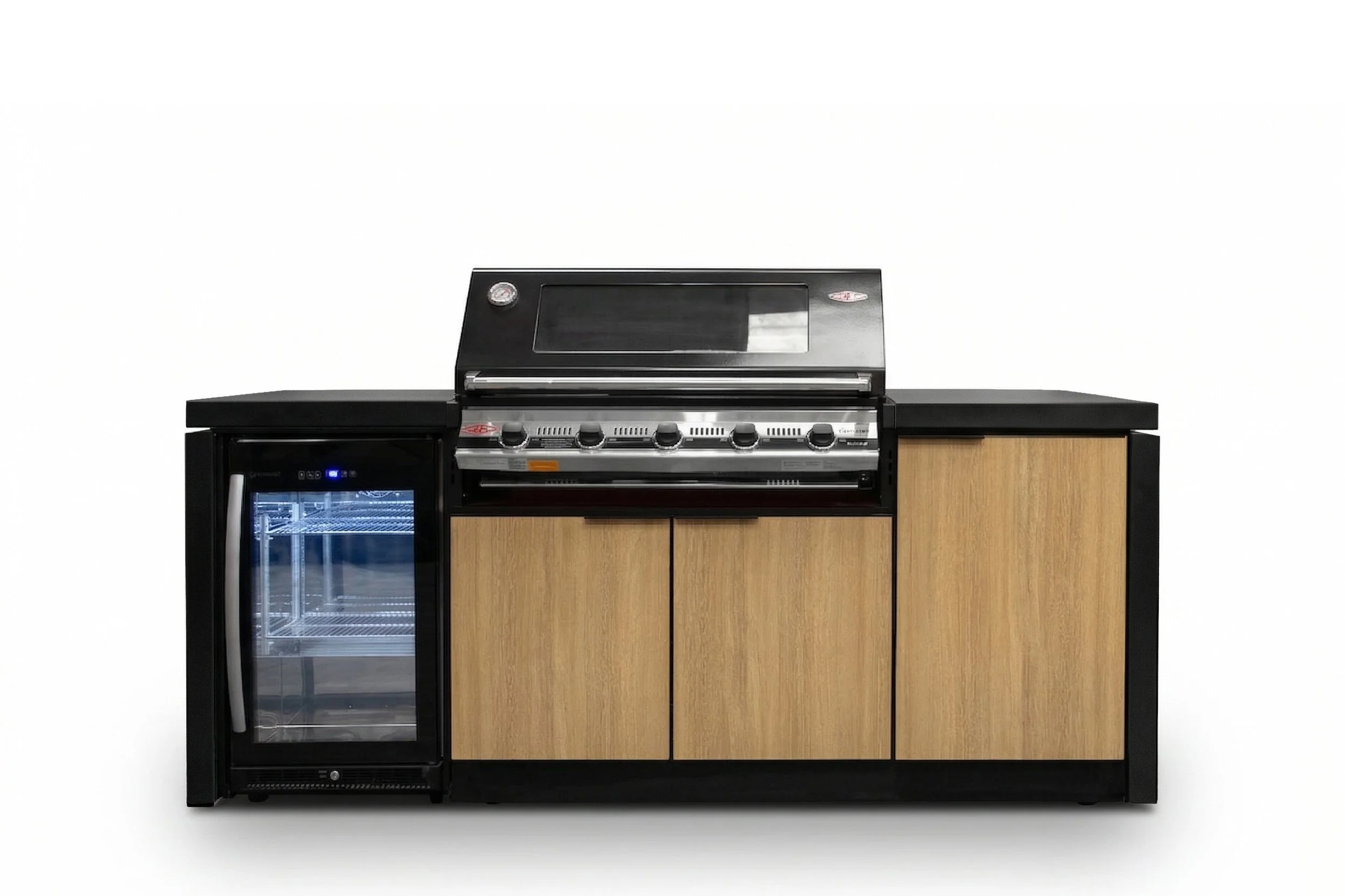 A modern kitchen with a black and wood-colored cabinet, a wine cooler, and a black stove with a digital display.