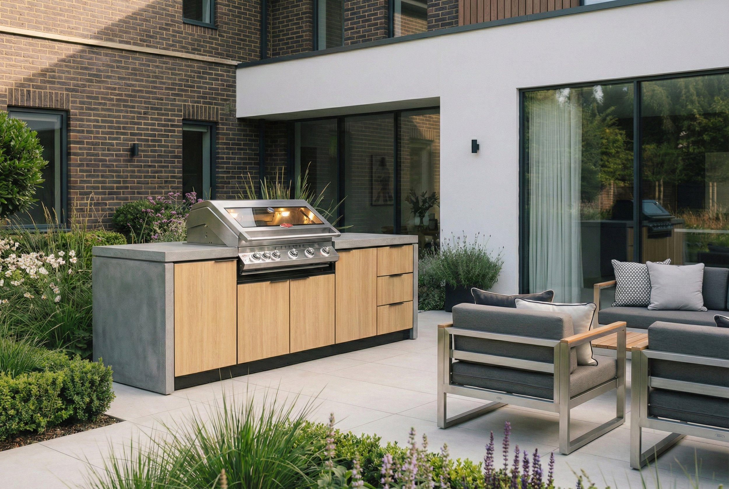 Modern outdoor patio with a built-in grill, surrounded by lush green plants, and outdoor seating including sofas with cushions, overlooking a contemporary residential building with large windows.