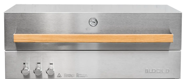 A stainless steel kitchen appliance, possibly a broiler or toaster, with a wooden handle and three control knobs.
