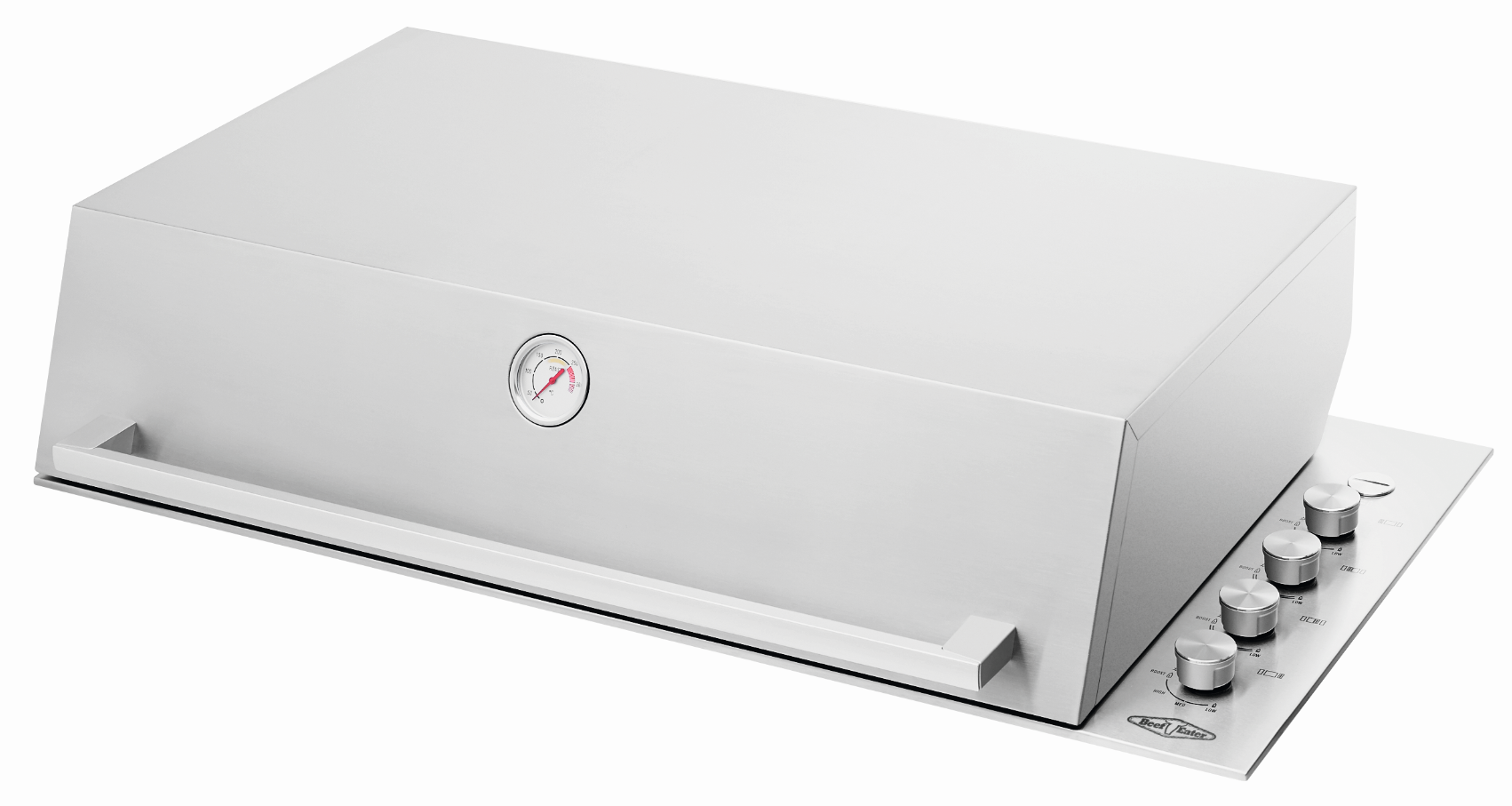 A white infrared grill with a temperature gauge on the front and control knobs on the side.