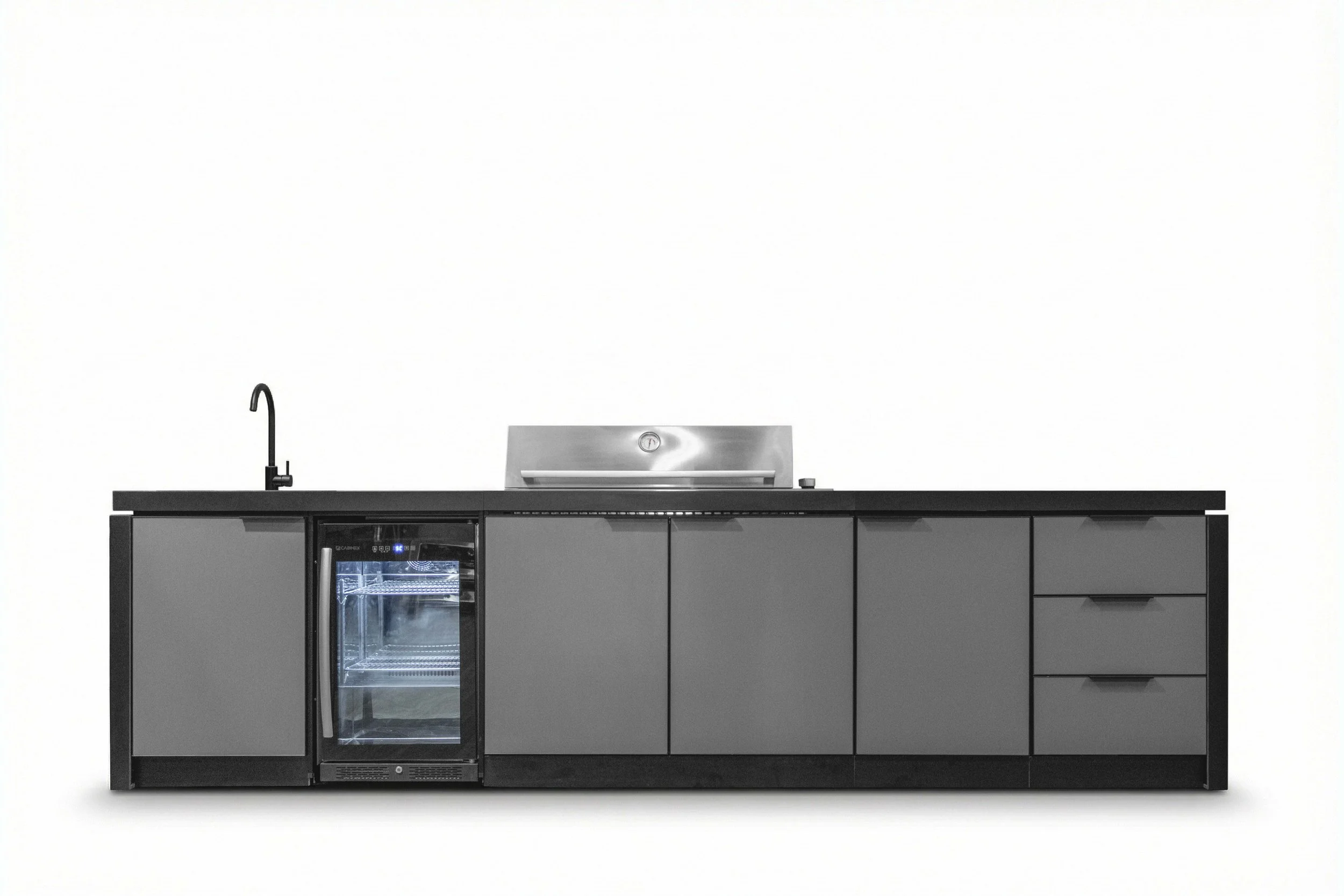 Modern kitchen with black cabinetry, a stainless steel sink, a built-in wine cooler, and a white wall background.