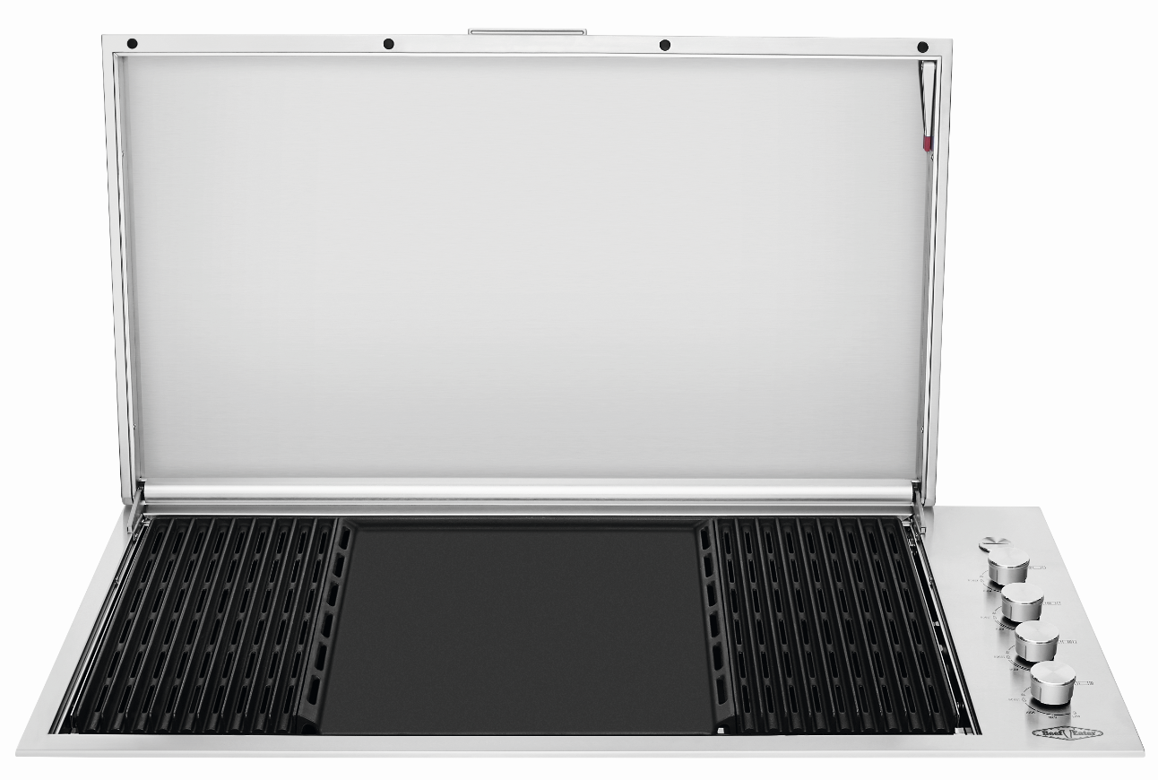 A stainless steel electric indoor grill with a closed lid, four control knobs, and a non-stick grilling surface.