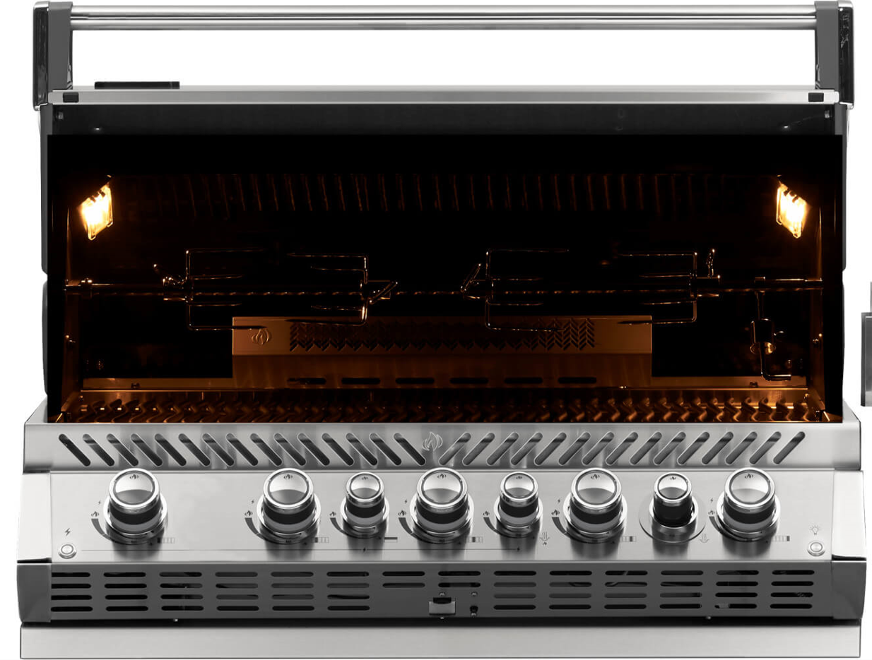 Stainless steel gas grill with six control knobs, illuminated interior, and lower venting panel.