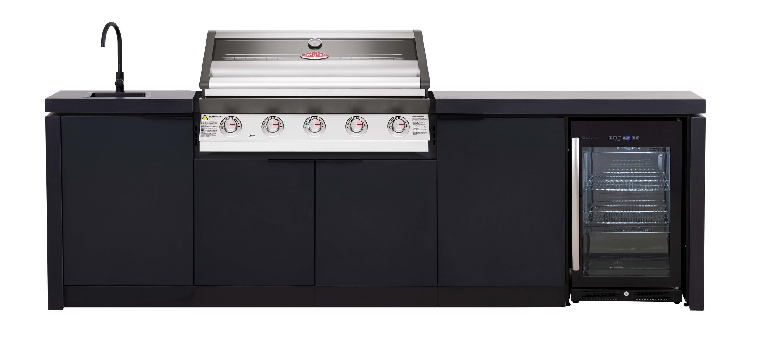 Outdoor grilling station with a built-in grill, sink, and refrigerated storage.