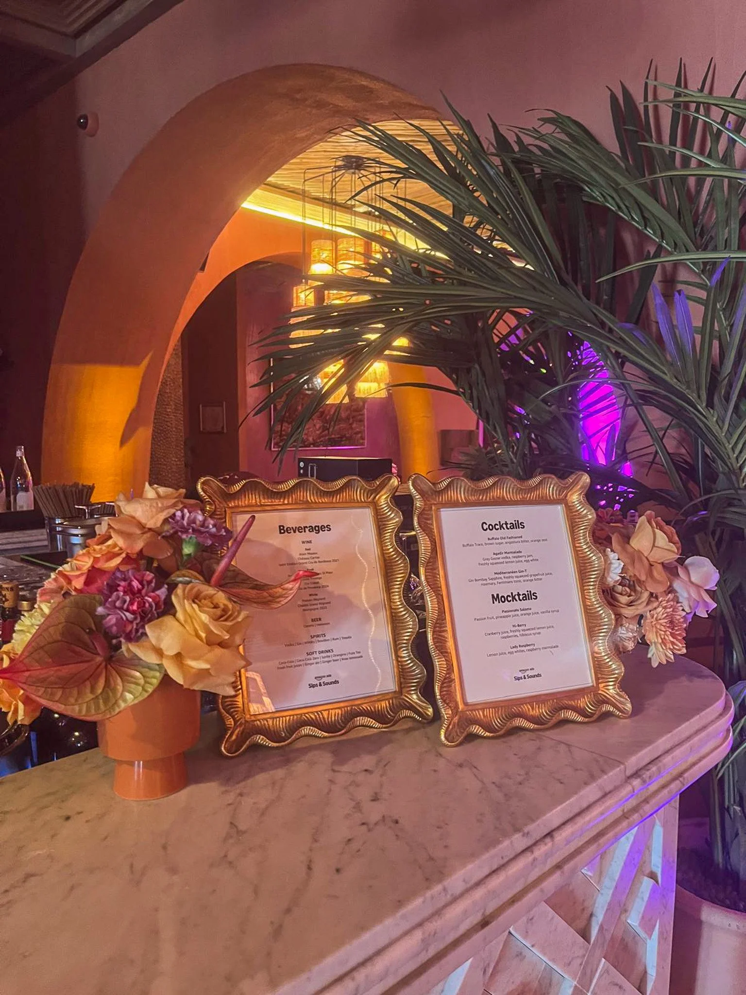 Amazon dinner at Salama restaurant during Cannes Lions Festival – vibrant florals styled by Mosaic Flowers
