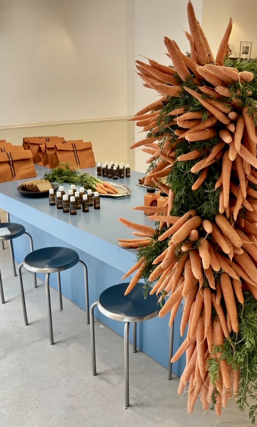 Mosaic’s experimental floral design for Pranarôm’s press event, featuring an expressive sculptural composition made with carrots and greenery as an original interpretation of botanical design