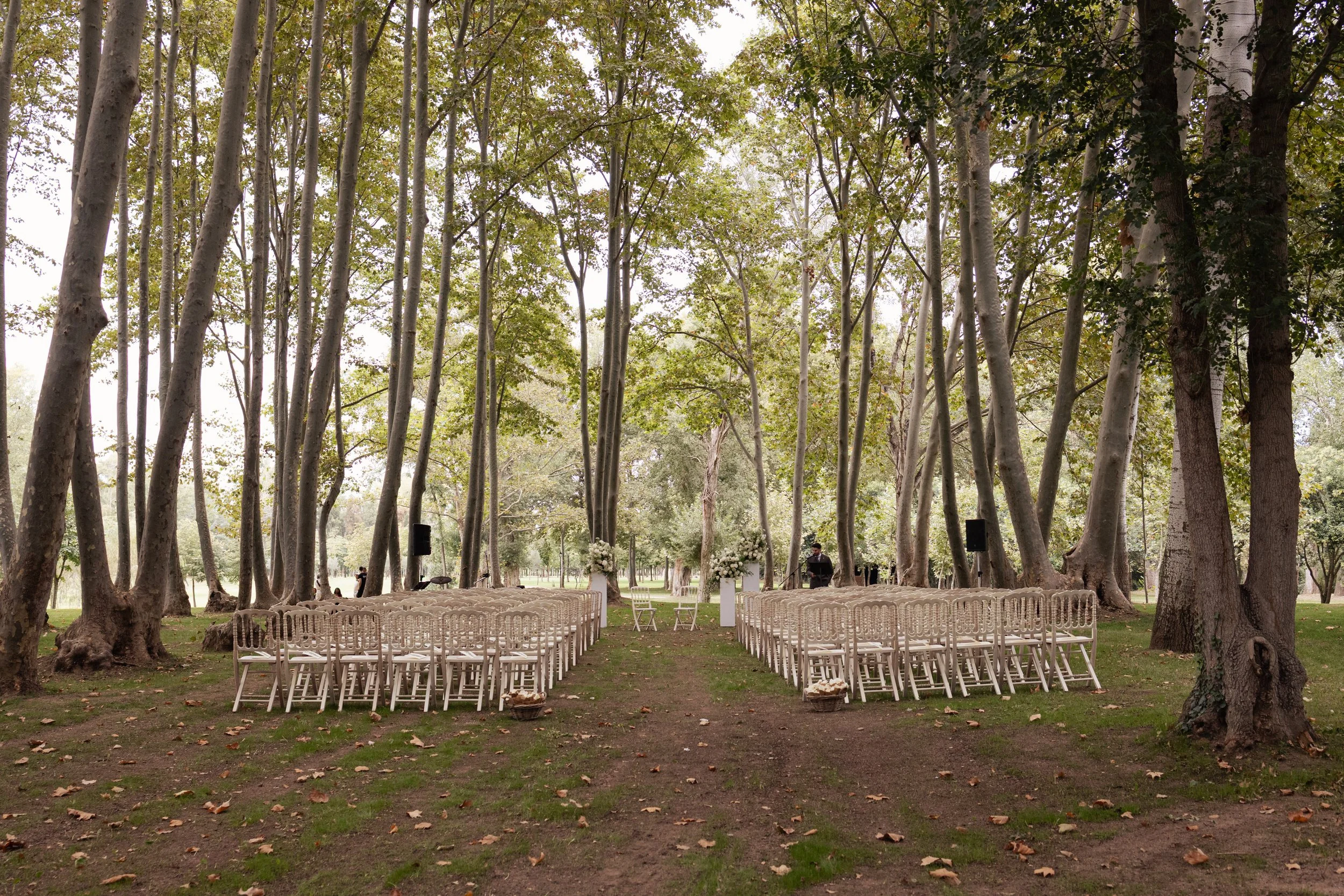Minimalist ceremony aisle enhanced with floral installations by Mosaic, set within a serene natural landscape for an elegant wedding experience