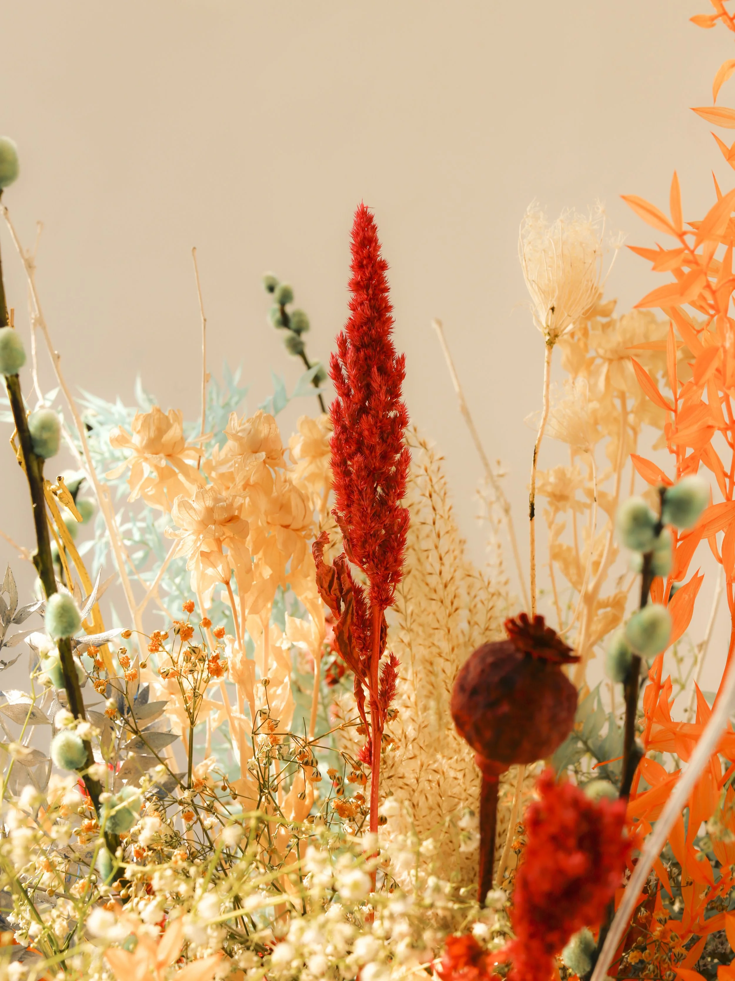 Detail of hand-painted preserved flowers in Mosaic’s composition “L’Explosion,” designed for exclusive brand events in Barcelona