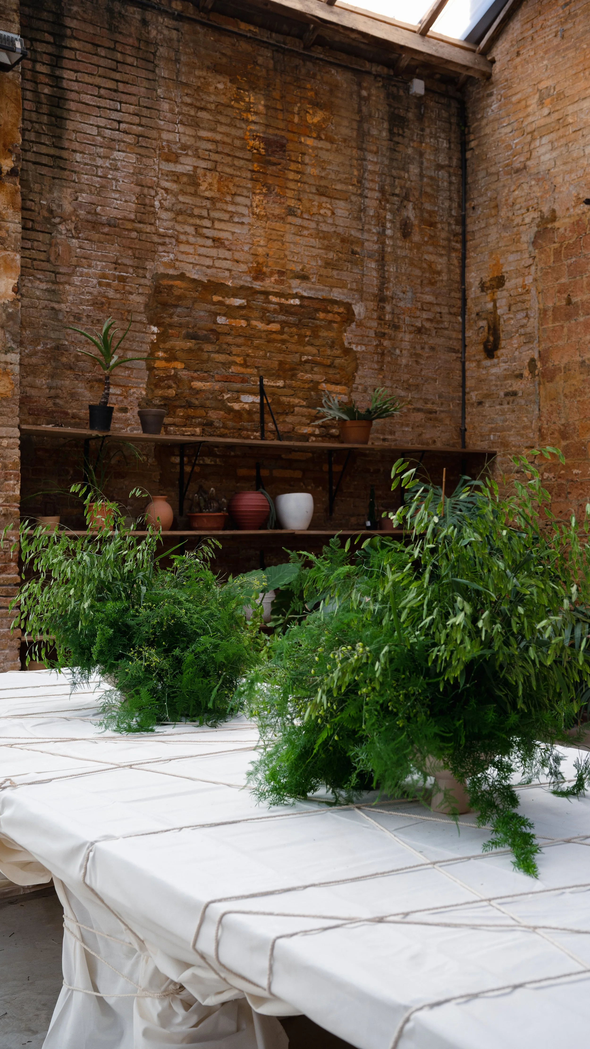 Wide view of the Pranarôm x HerbalGem event at Flowers by Bornay, featuring contemporary foliage compositions that create a sophisticated atmosphere for an international luxury brand activation
