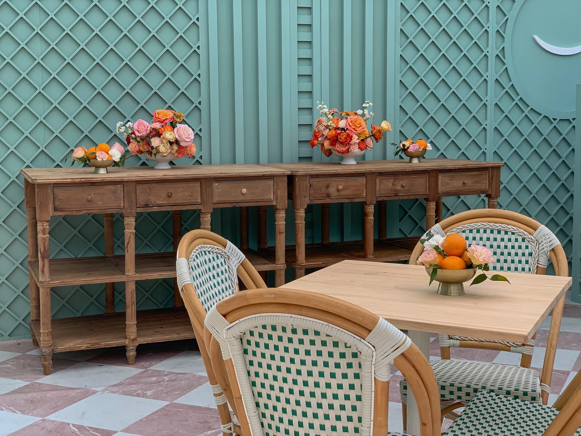 Floral arrangement of roses and citrus fruits for Amazon at Le Pantiero, Cannes Lions Festival