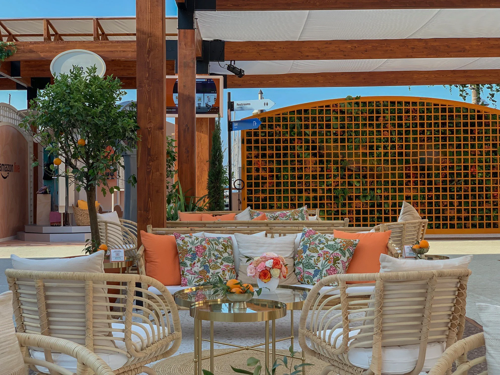 Amazon lounge at Le Pantiero, Cannes Lions Festival – floral garland installation with roses and citrus