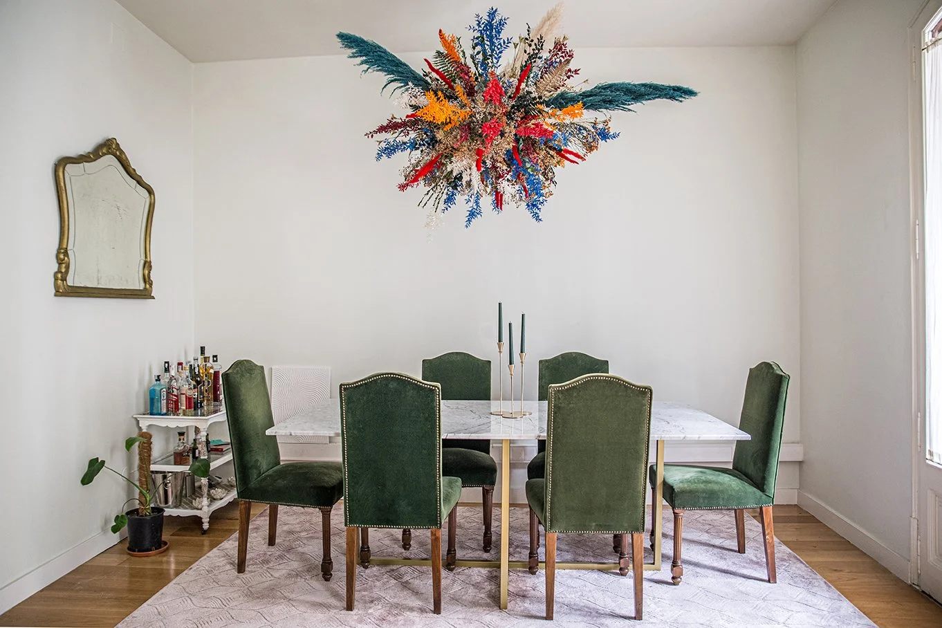 Luxurious Barcelona flat decorated with floating flower installation by Mosaic Flowers