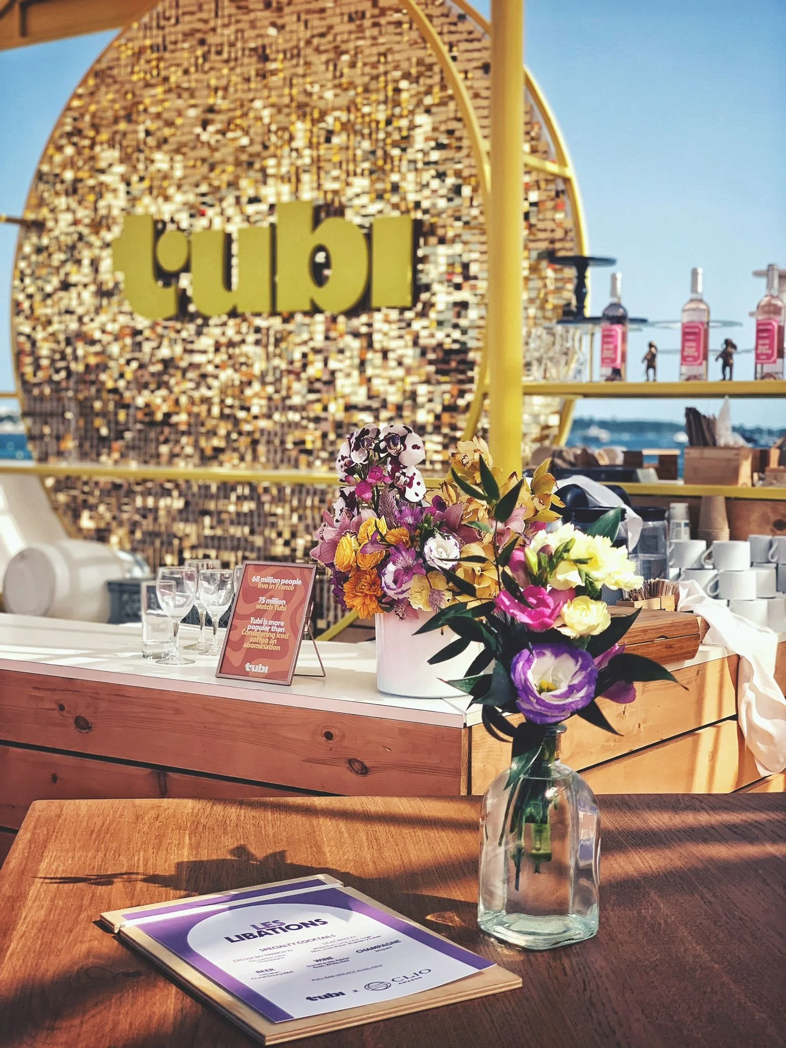 Elegant floral centerpiece designed by Mosaic for Tubi’s Cannes Lions activation, featuring a bespoke mix of seasonal blooms crafted for high-end brand environments and experiential events