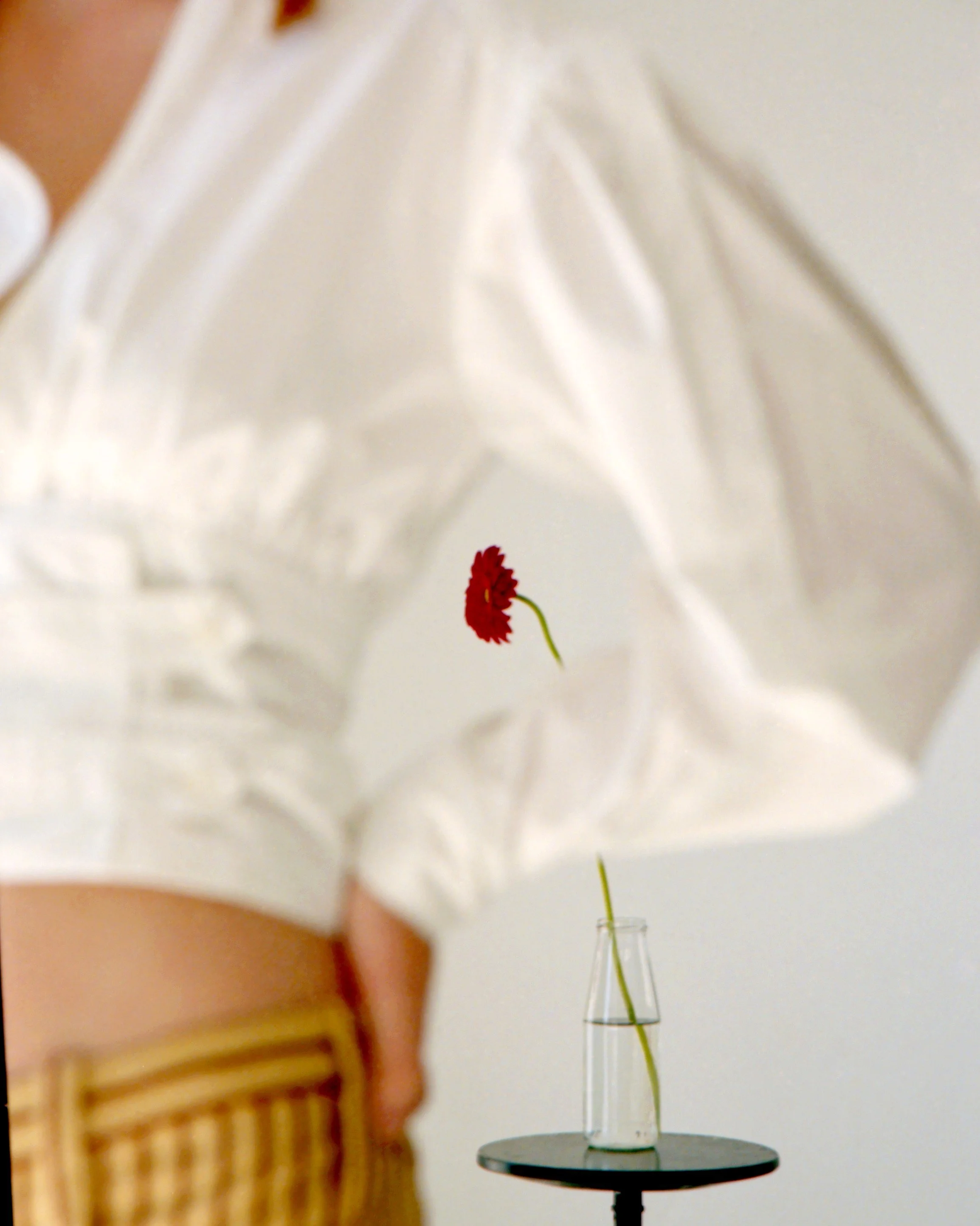 Red gerbera in a vase with model’s silhouette, styled for an artistic editorial photoshoot by Mosaic in Barcelona