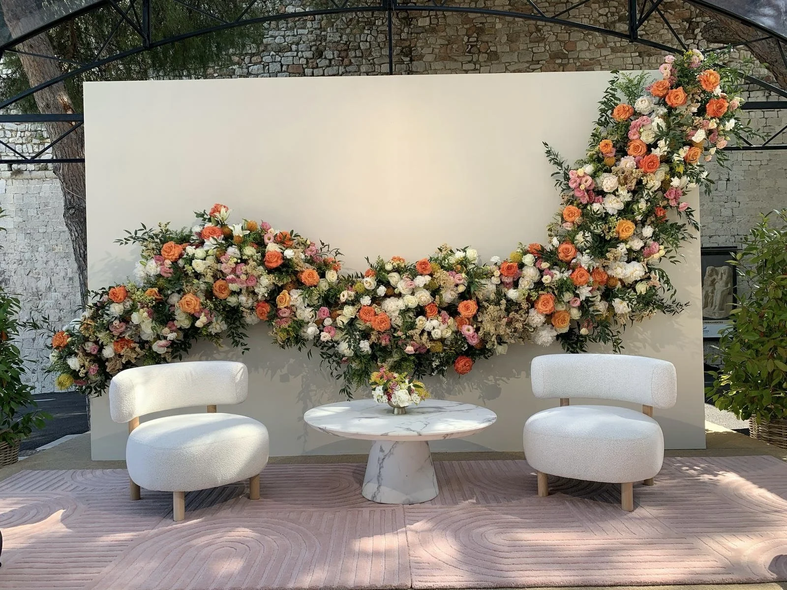 Bespoke floral installation by Mosaic Flowers for the Cannes Lions Festival 2025, transforming a luxury brand lounge with abundant seasonal blooms and sculptural floral design