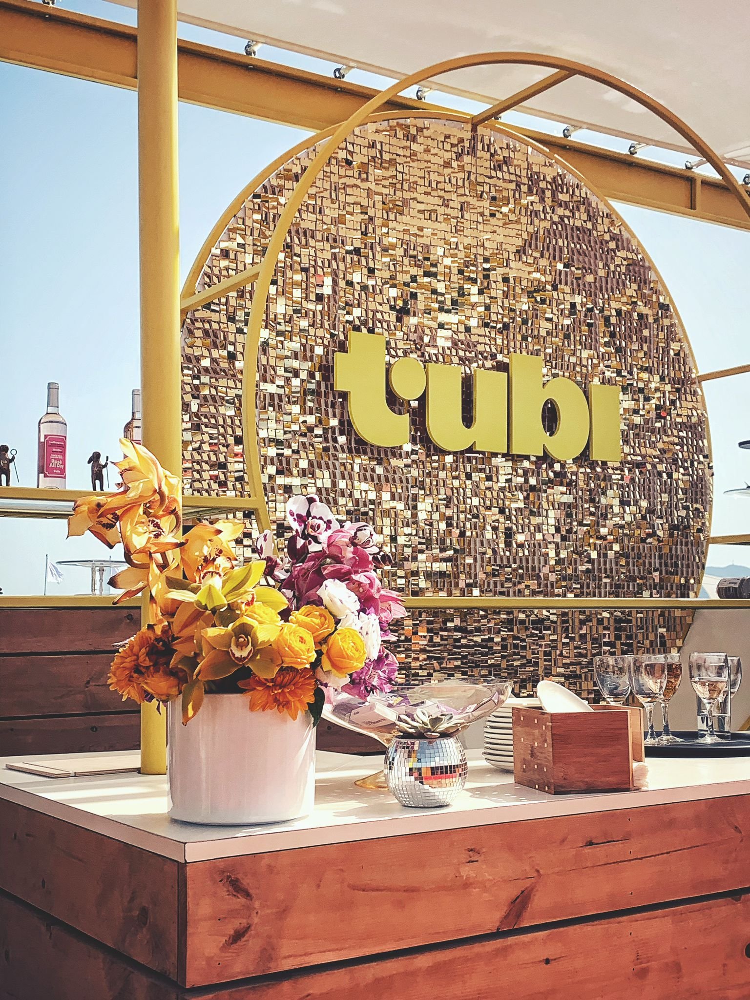 Large-scale floral installation by Mosaic for Tubi at Cannes Lions 2024, combining sculptural florals and refined styling to enhance a luxury outdoor brand activation setting