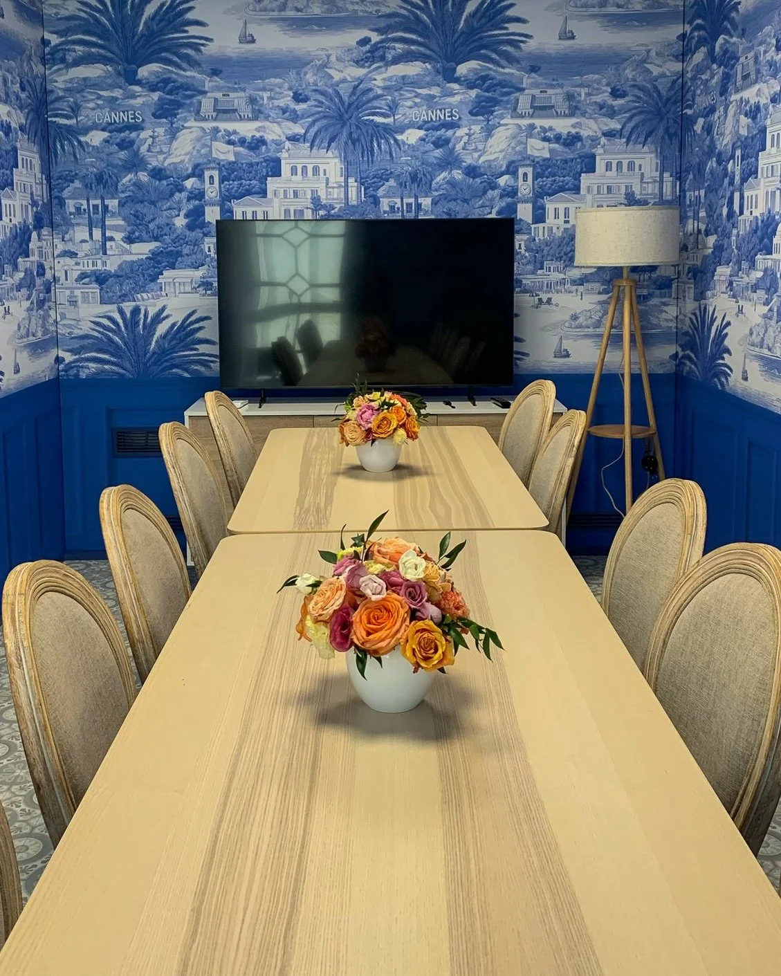 Long dining table with Mosaicflowers floral compositions for Amazon luxury event set design at Cannes Lions Festival 2025