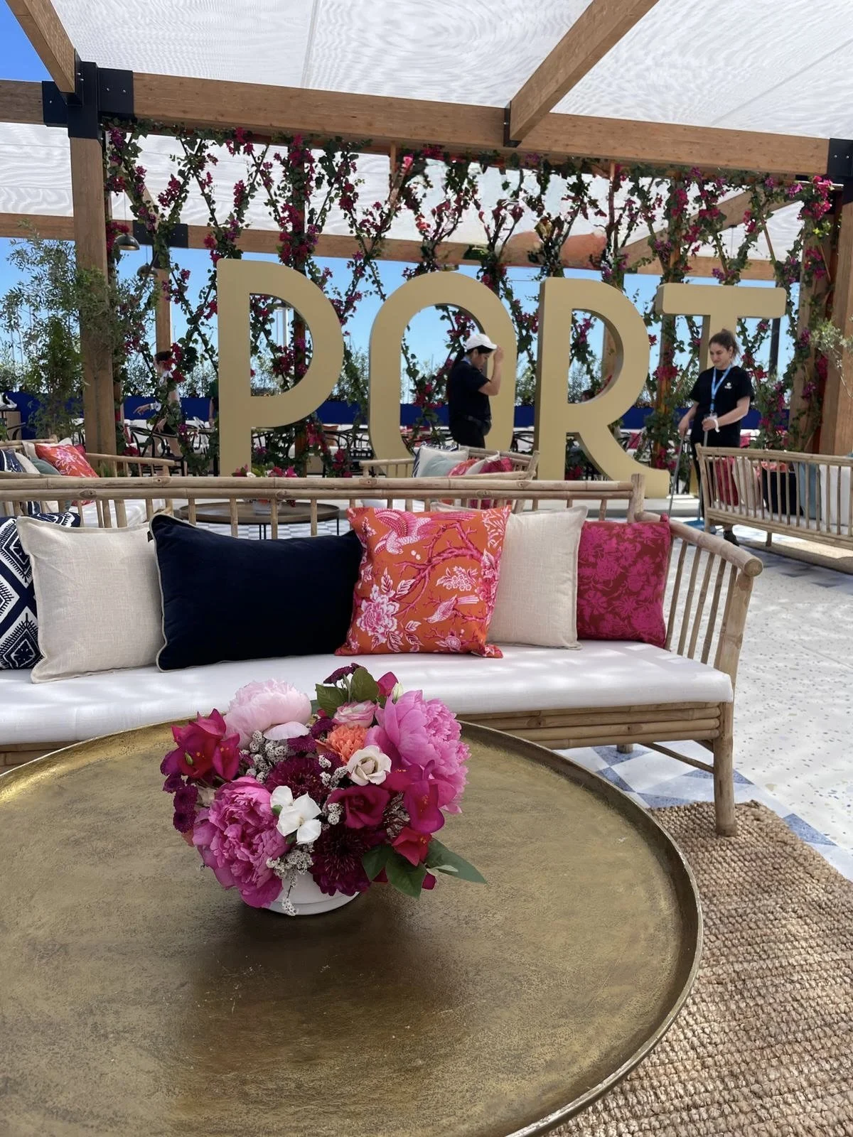 Vibrant floral centrepiece designed by Mosaic Flowers for a luxury brand lounge at Cannes Lions Festival 2025, showcasing premium seasonal blooms and creative floral design