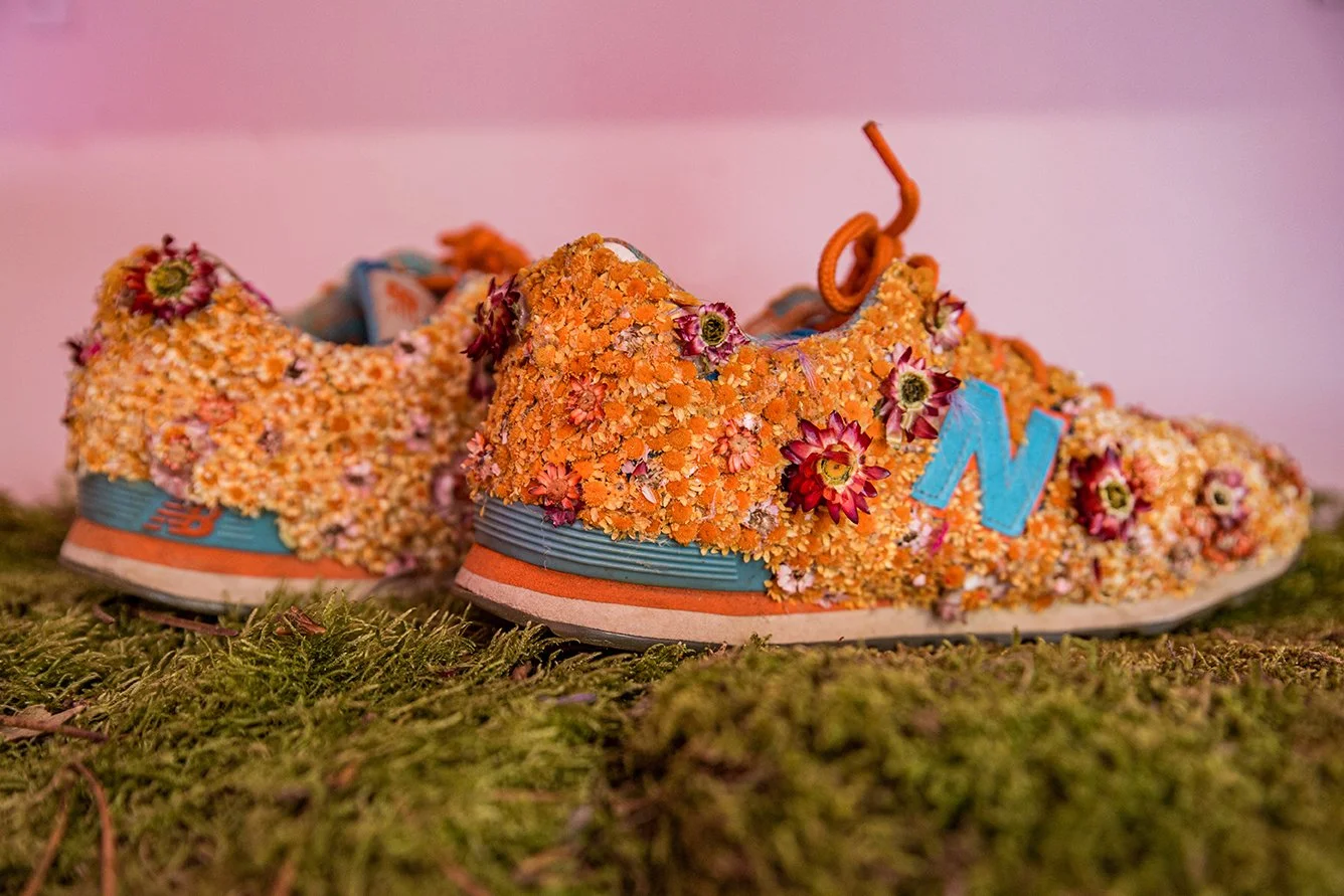 Custom New Balance sneakers covered in dried flowers by Mosaic for “The Floral Experience"