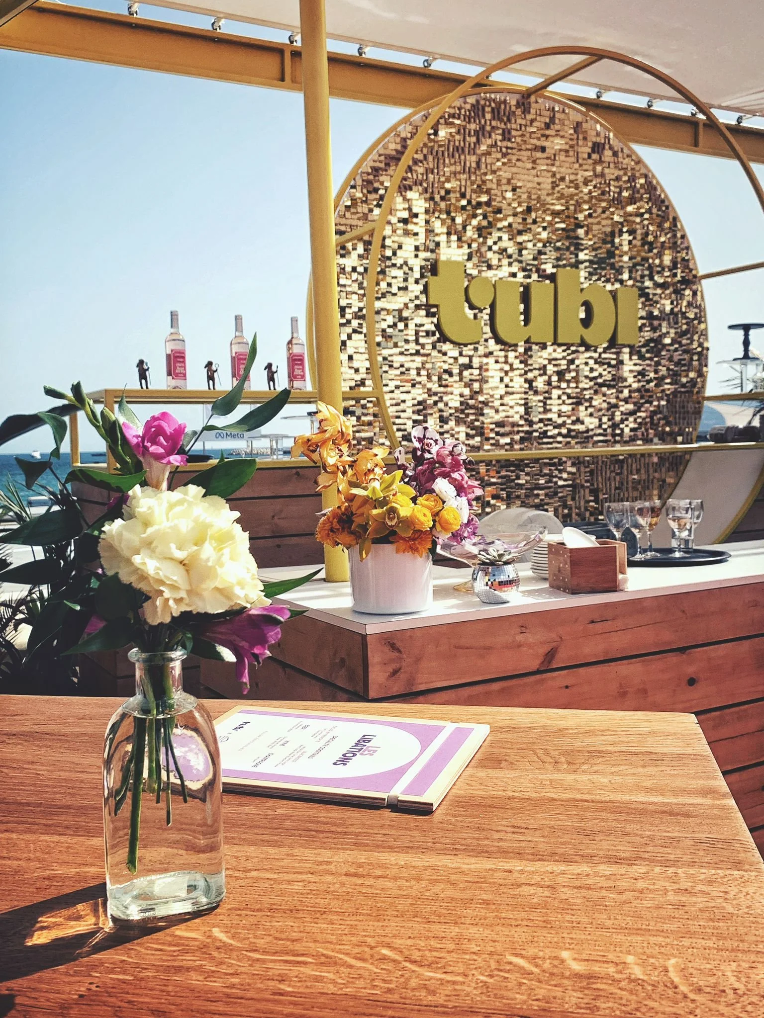 Vibrant, high-end floral arrangement by Mosaic created for Tubi’s Cannes Lions event, highlighting bold textures and premium blooms tailored for luxury brand storytelling