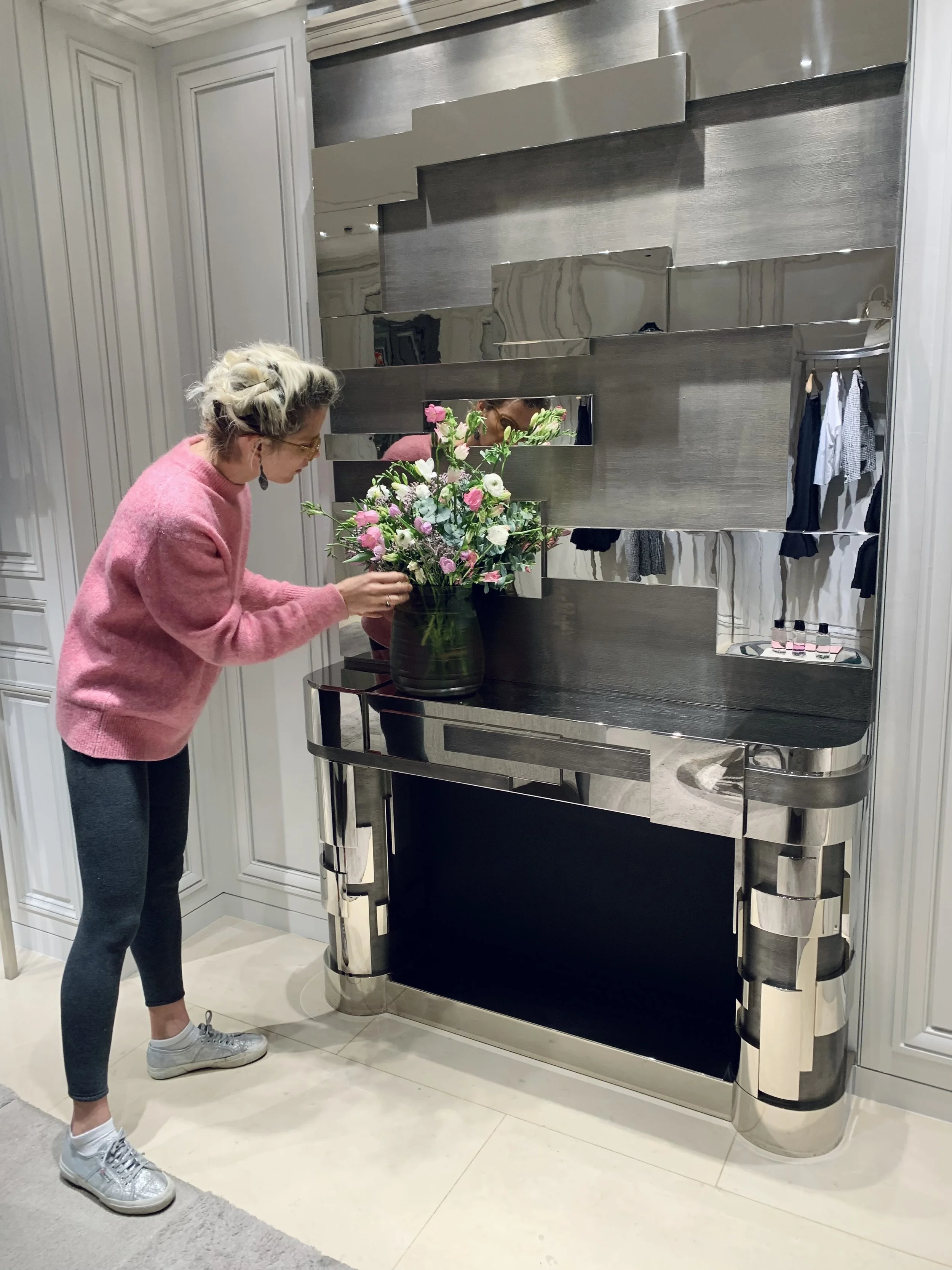 Close-up of tulips, clematis and wild blooms arranged by Mosaic Flowers for Dior boutiques