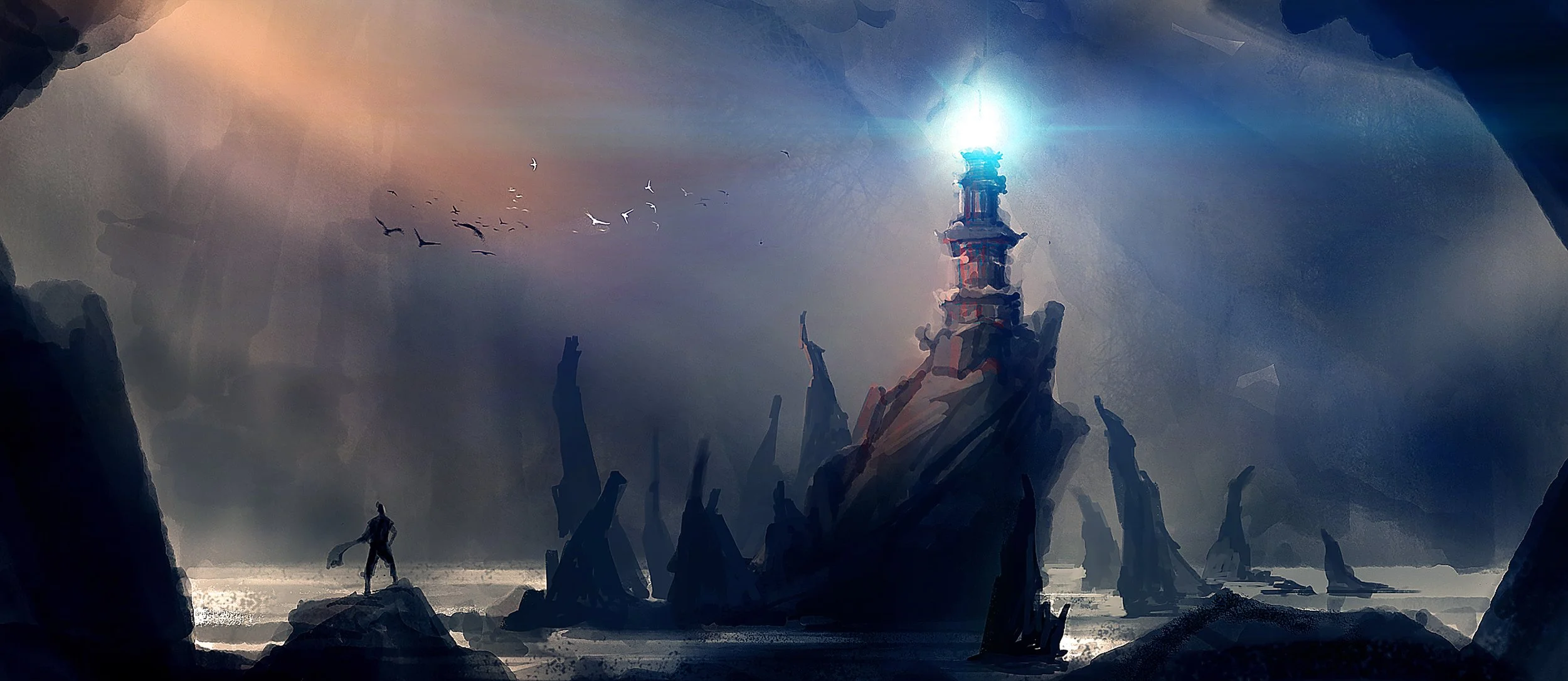 Fantasy painting of figure on a rock outcropping, staring at a tower above and across  the water.  Area is foggy and dark with tower shining in the bleakness. Representing how gaming can be a light of hope to someone with anxiety or depression.