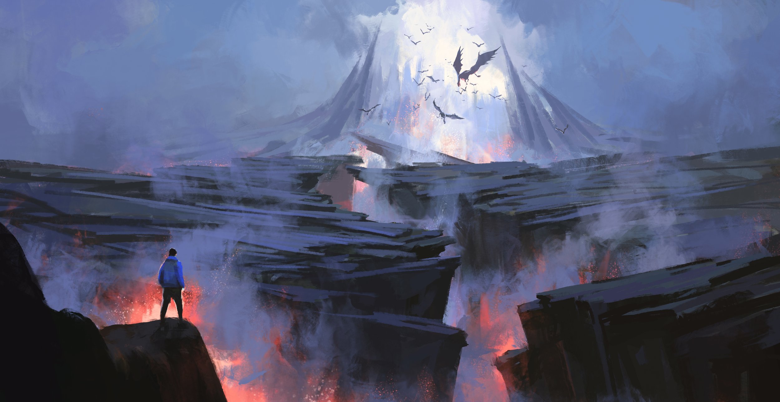 figure standing on cliff edge, jagged and broken ground with steam and lava, in the distance broken mountain with dragons flying forth