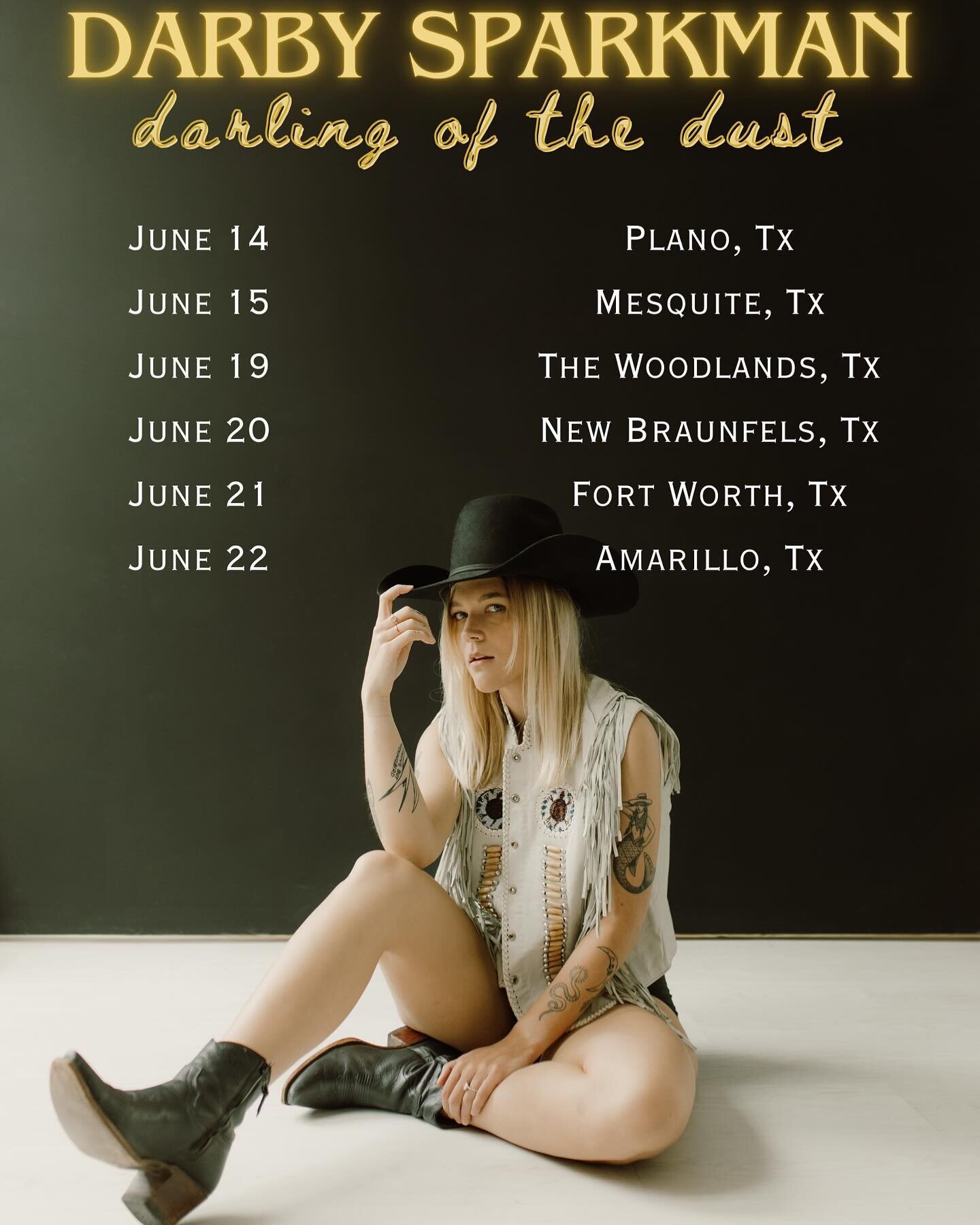 DARLING OF THE DUST TOUR kicks off in June (followed by a brief break so I can give birth) AND THEN BACK AGAIN IN THE FALL! 

June 14 | @love_and_war_in_plano w/ @court_patton
June 15 | @mesquiterodeo w/ @tylerbyrdmusic
June 19 | @doseydoebbq &ldquo;