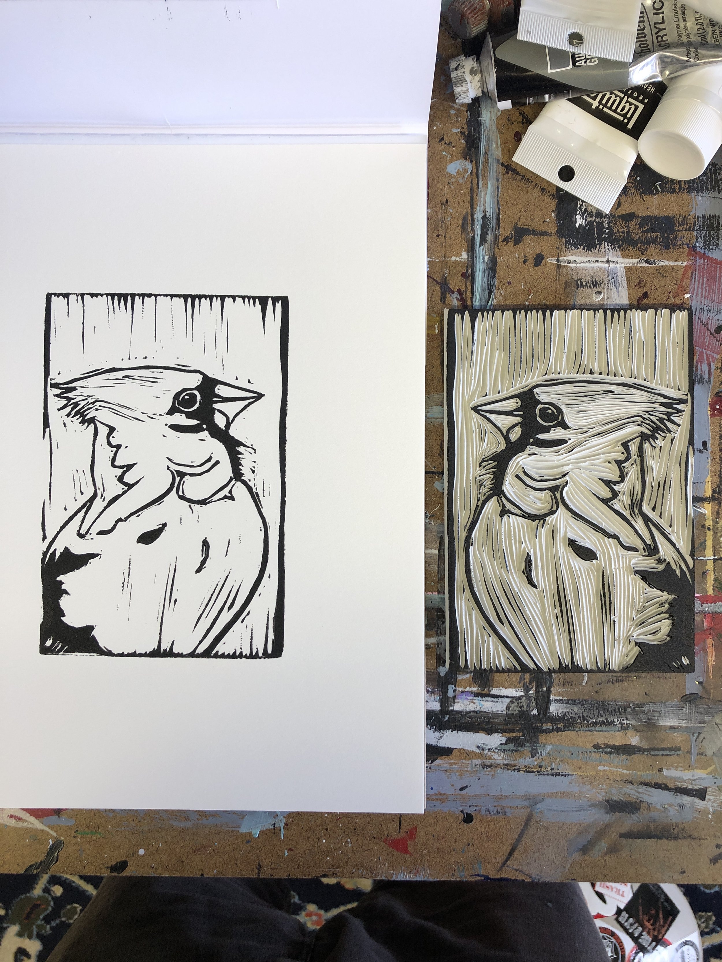 Cardinal (2024) Linocut 4x6