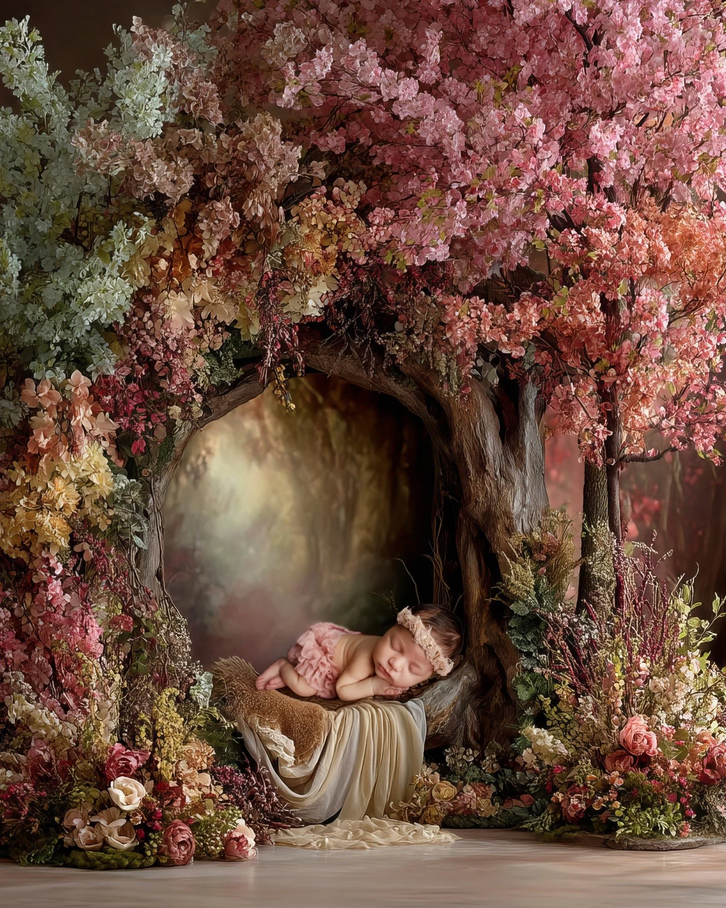 For this image, I imagined a dreamy floral arch &mdash; a magical little world where spring blossoms surround a sleeping newborn. The scene began as an AI-generated concept, and then I blended in a real baby from a session to bring the story to life.