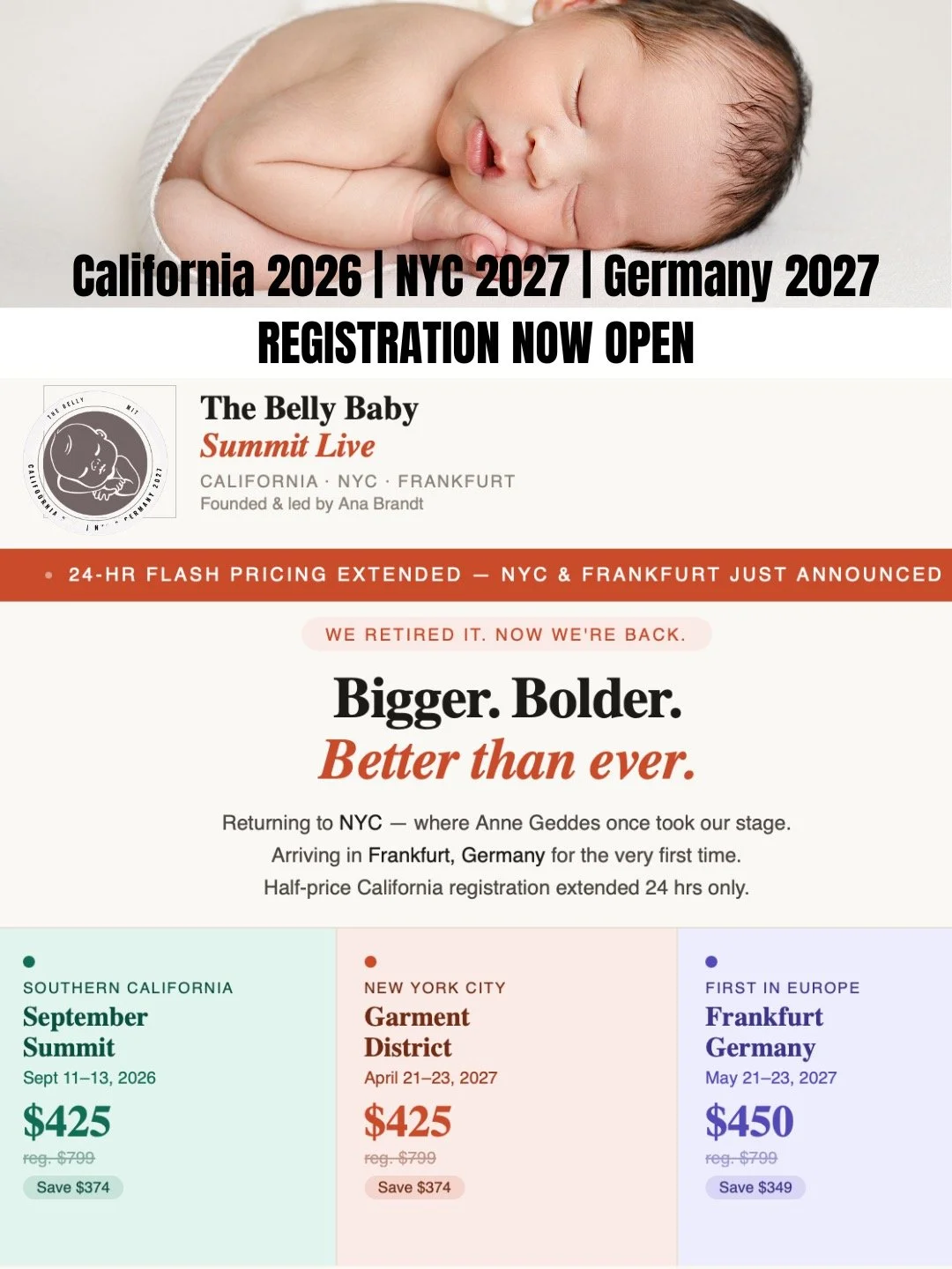 HUGE ANNOUNCEMENT. The Belly Baby Summit is BACK.

California this year. NYC and Germany next year.

And the price you see right now? It is the lowest it will EVER be. Those who hesitate will pay more. That is not a warning &mdash; that is a guarante