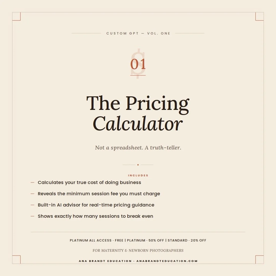 Three tools. Built for us. ✨

I kept watching photographers in our community guess at pricing, undercharge for mini days, and stare at blank caption boxes. So I built three custom GPTs to fix all three.

&mdash; THE PRICING CALCULATOR
Your true cost 