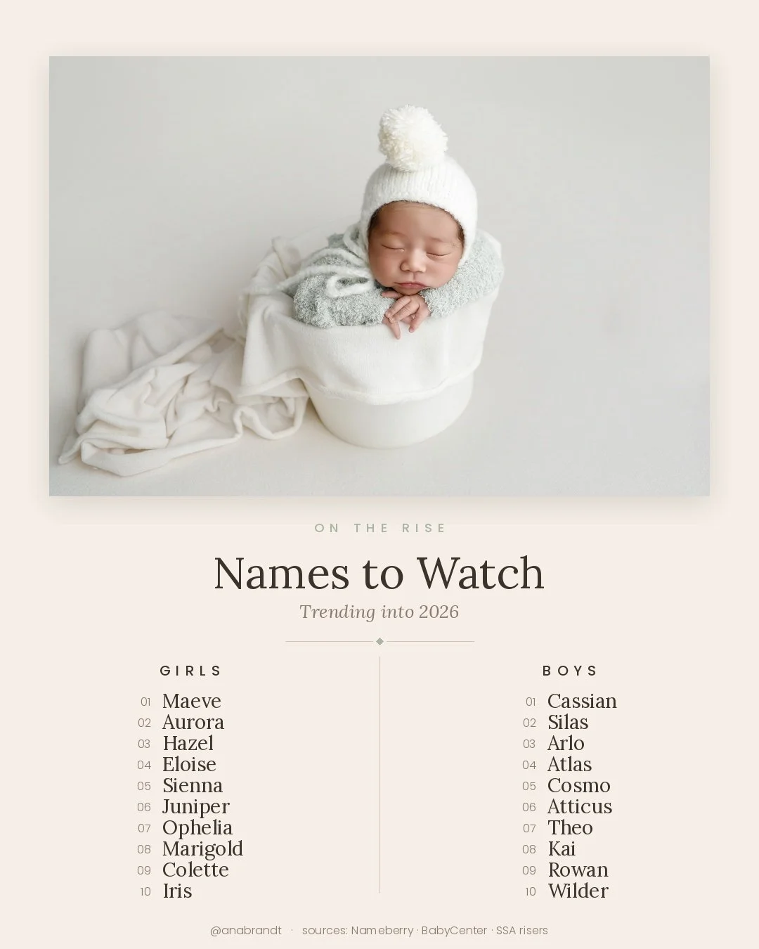 he names you'll keep hearing in 2026 &darr;

I pulled this from Nameberry, BabyCenter, and the SSA's "fastest risers" data &mdash; names that are demonstrably climbing the charts, not just predictions for clicks.

Includes:
&bull; 10 girl n