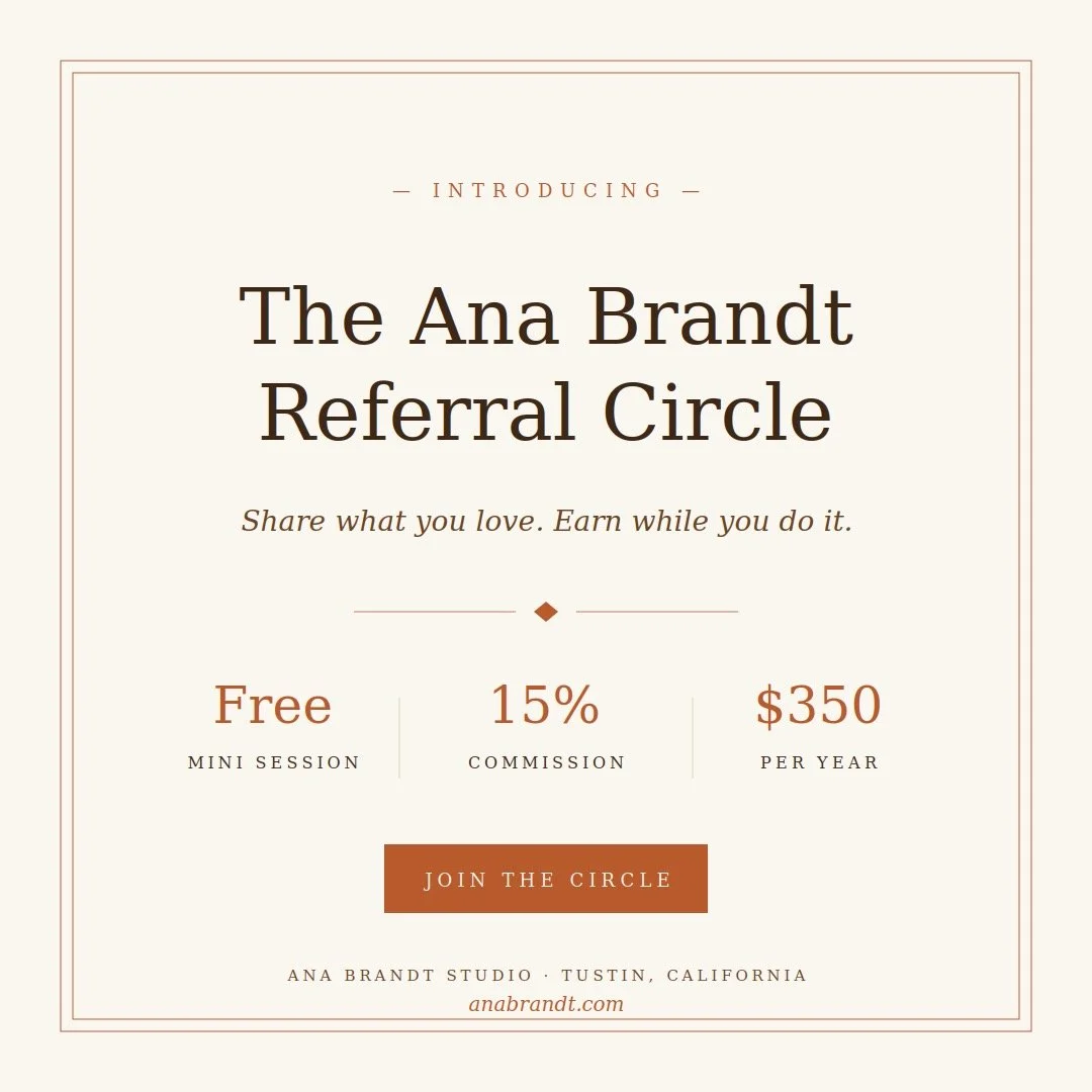 Our referral program just got a glowup. For the first time ever we are offering a paid referral program for my photography.Introducing 

The Ana Brandt Referral Circle ✨

A new way to share what you love and earn while you do it.

Includes:

&ndash; 