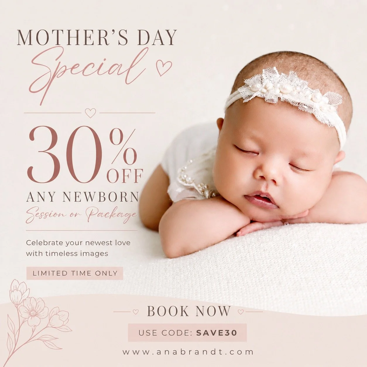 Ana Brandt	
save 30% off newborn sessions today
Mother&rsquo;s Day is almost here, and I wanted to do something special for all of you 🤍

There is nothing more meaningful than capturing those first days with your baby&hellip; it goes by so quickly.
