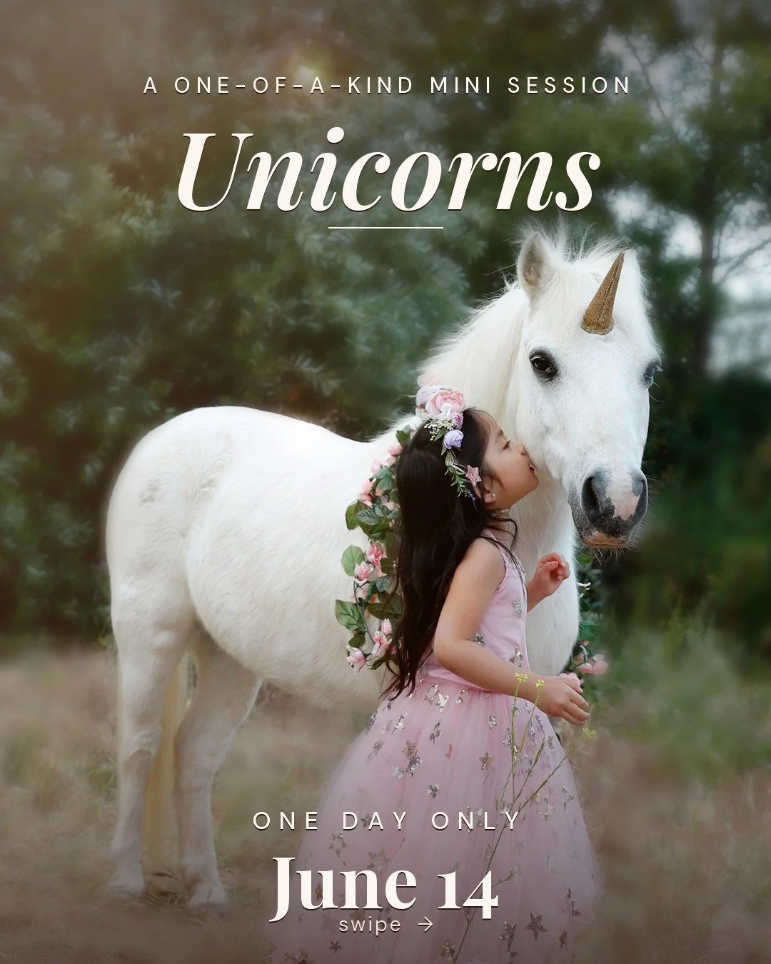 Swipe through and meet her. 🦄

A real white unicorn, flower crowns, a field at the perfect hour &mdash; and one afternoon your child gets to step straight into the story.

We only do this once. One day, June 14. Whether you've got a tiny believer in